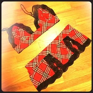 Sexy red plaid bra and micro mini skirt